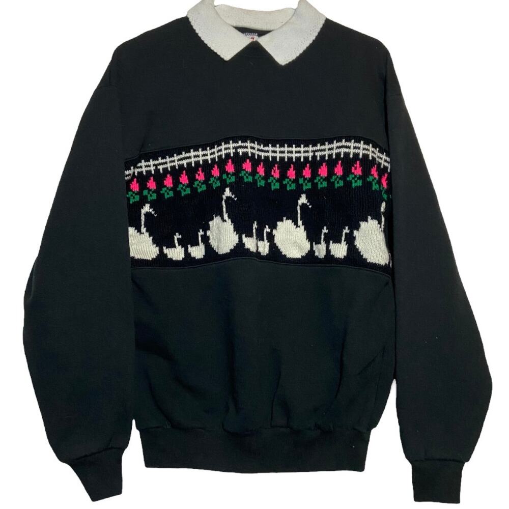 Vintage Jerzees Sweatshirt Swan Collared Knitted Embroidered Black Medium